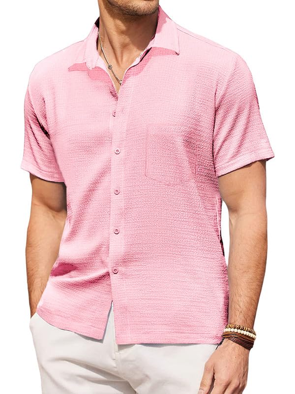 Image of Pinkmint Men's Popcorn Shirt Comfortable Short Sleeve Shirt's Casual Textured Shirt (Pack of 1) Pink