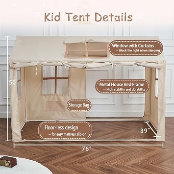 Twin Bed Tent Indoor Bed Canopy Kids Tents for Girls Boys with 2 Doors, Breathable Private Space Floor Fort Bed Tents for Kids Sleeping Tent (Twin, Khaki)