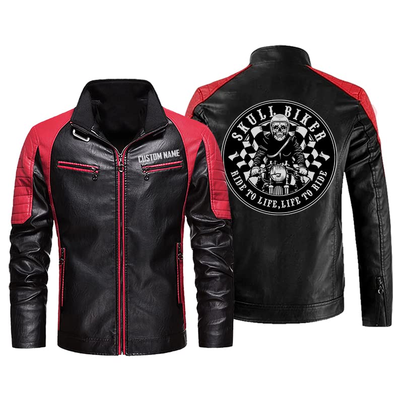 orealexpress Classic Skull Biker Live To Ride Ride To Live, Custom Name, Personalized Mens PU Leather Coat Custom Motorcycle Jacket Black Red