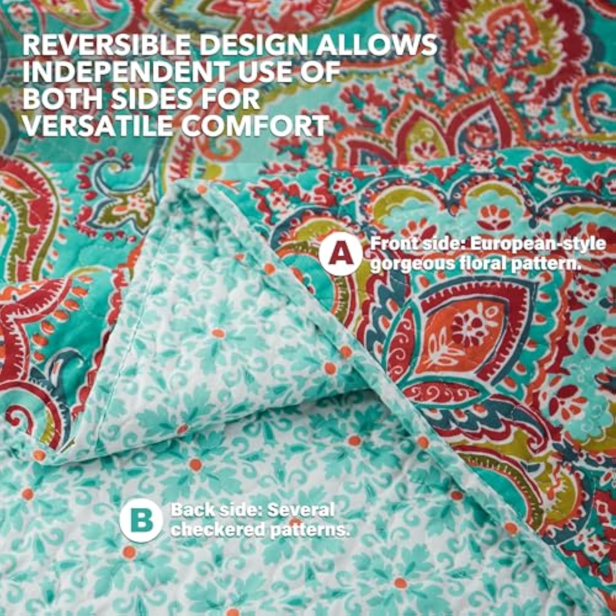 Cotton Reversible Patchwork Quilt Set, Floral Pattern, Queen Size