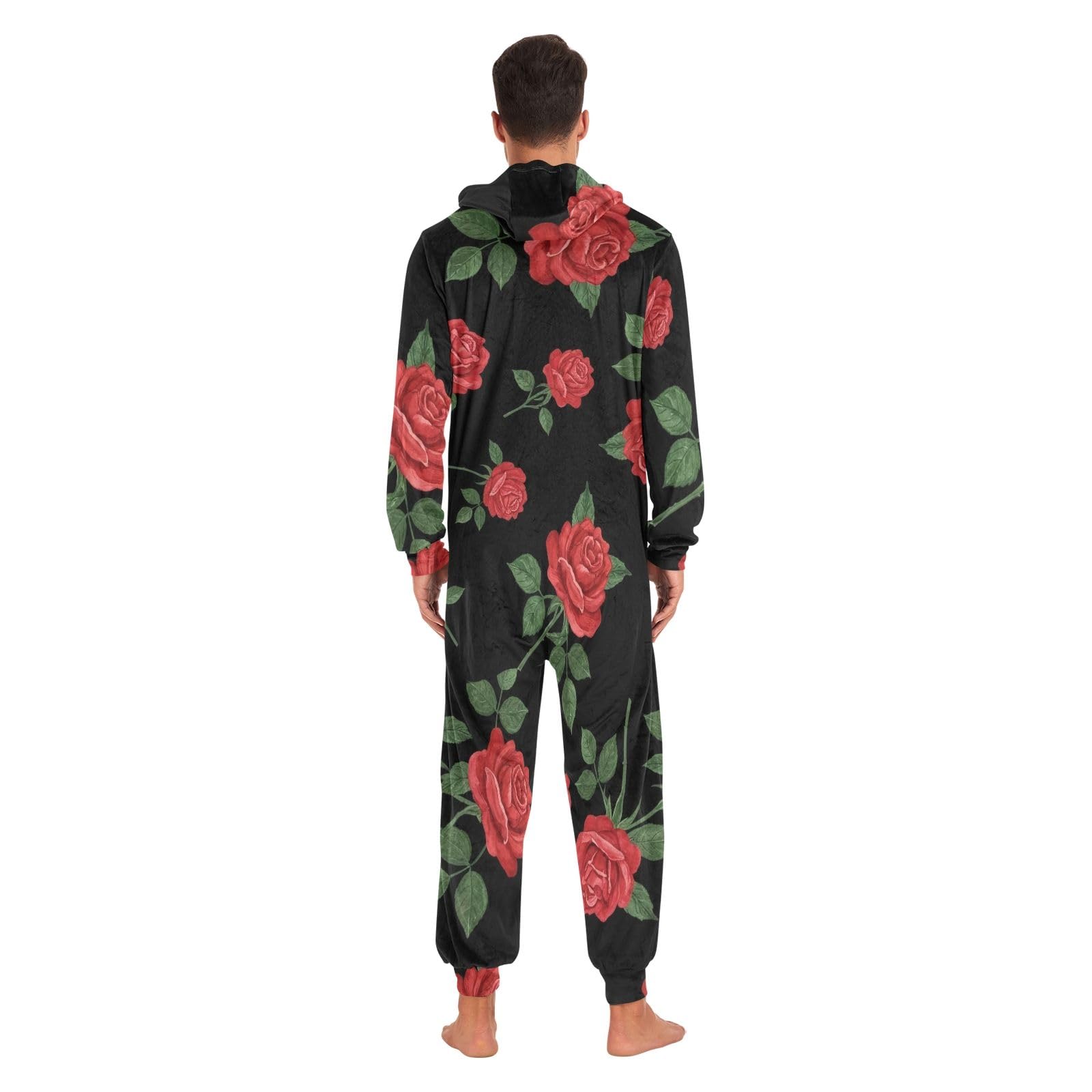 Red Roses Black Adult Onesie Pigiama, Morbido Cristallo Pile Unisex Tuta, Cerniera Frontale Natale Sleepwear