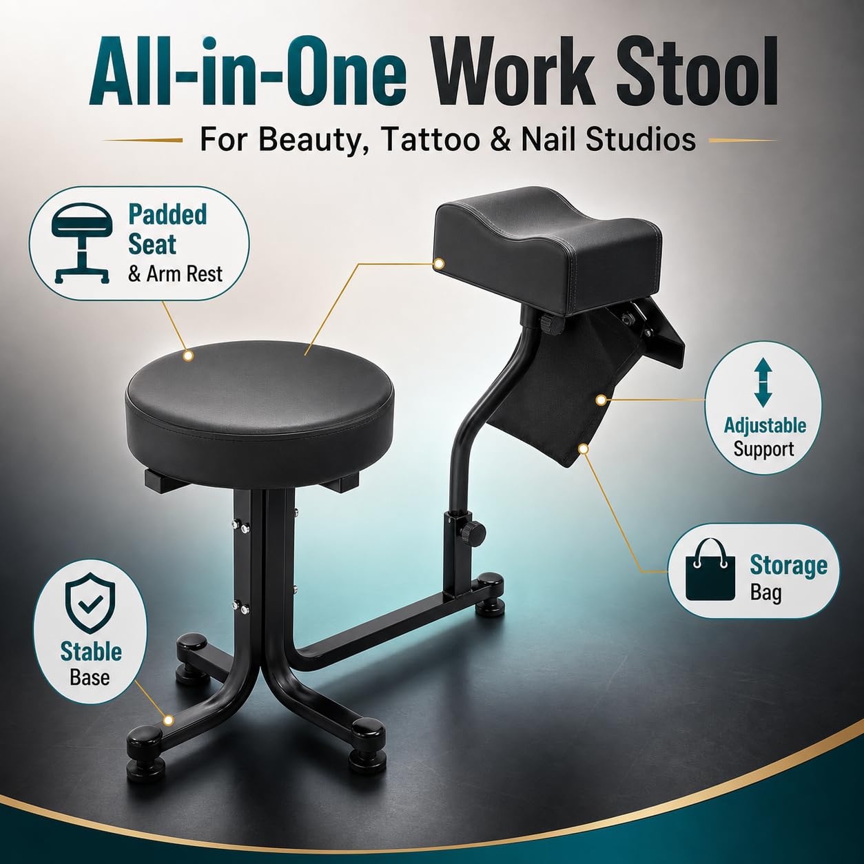 2 in 1 Sgabello per Pedicure, Sgabello per Pedicure con Poggiapiedi, Sgabello per Pedicure e Manicure, Poggiapiedi per Salone Spa per Tecnico delle Unghie, Spa, Bellezza, Forniture per Studio (Nero)