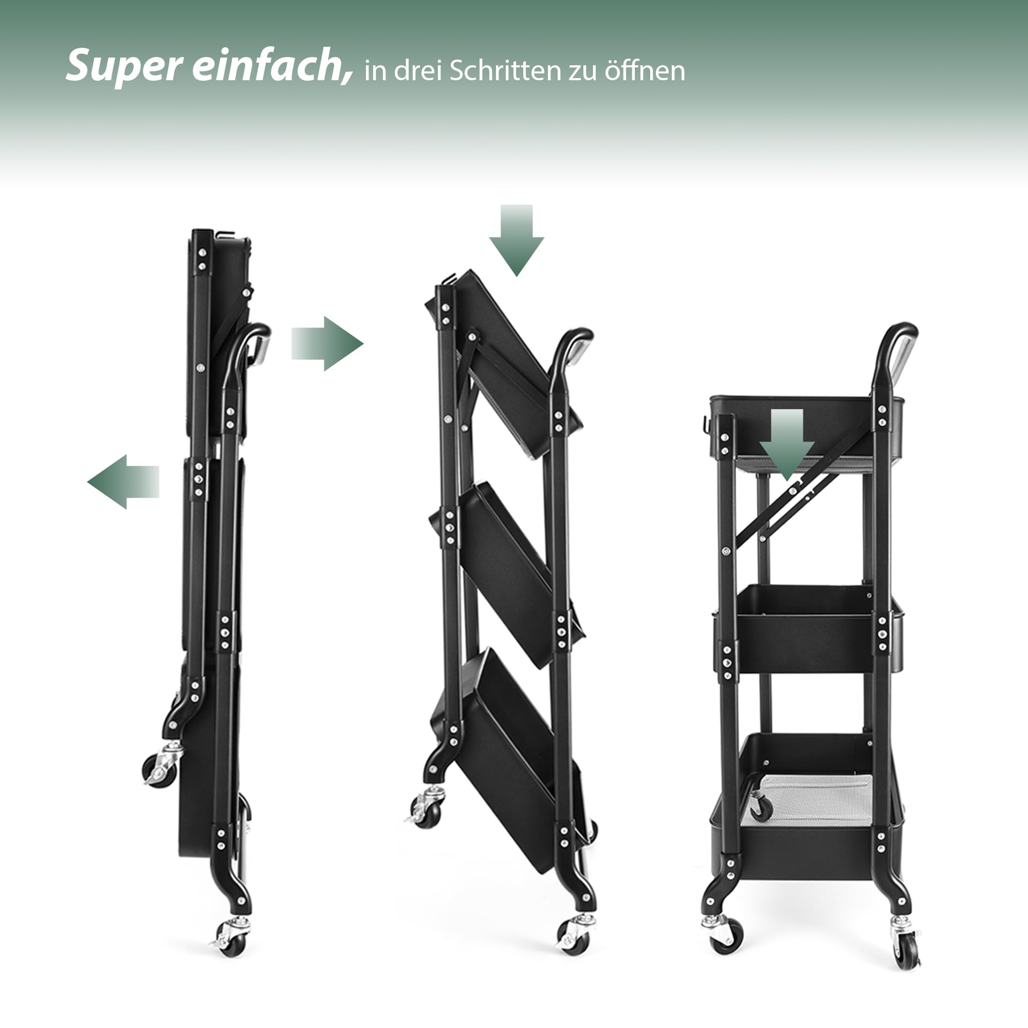 Amatic Beistellwagen 3 Etagen Küchenregal, klappbar Servierwagen mit Rollen, Metall-Stauraumwagen, Küchenwagen mit Griffen, Rollwagen Küche Trolley Kunststoff, Platzsparendes Badregal, Schwarz