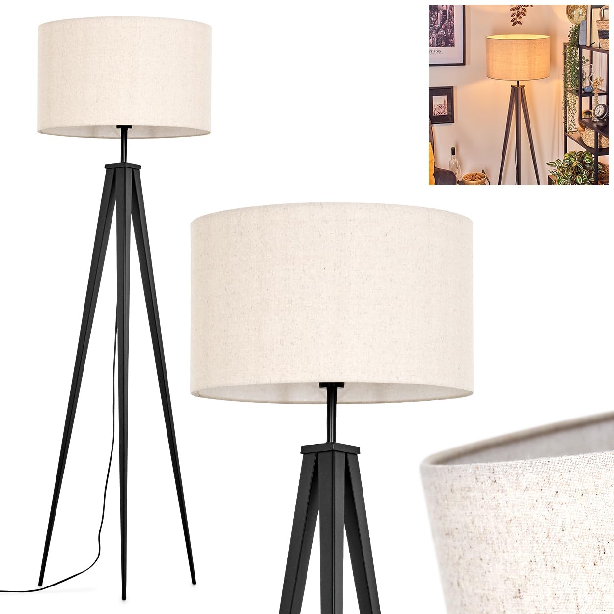 HOFSTEIN Stehleuchte Flemming, Stehlampe aus Metall/Stoff in Schwarz/Beige/Weiß, Leuchte im Boho-Style, skandinavisches Design (Ø 50 cm), Höhe 162 cm, mit Fußschalter, 1 x E27, ohne Leuchtmittel