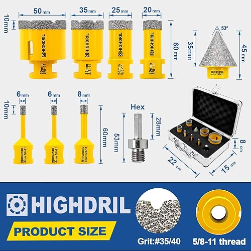 Miniatura 10 de HIGHDRIL Kit de brocas de diamante  6810351.969 in0.984 in broca de chaflán de 1.969 in+adaptador SDS con rosca 58-11 para azulejos de cerámica de