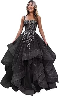 Glitter Ball Gown Lace Appliques Corset Tulle Prom Dress 2026 Tiered Bal...