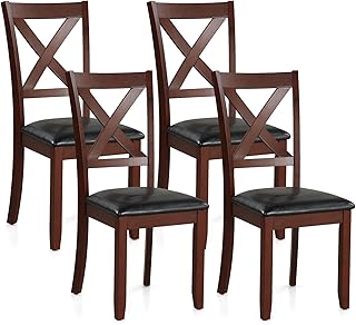 Giantex Wood Dining Chairs Set of 4, Faux Leather Upholstered Dining Chairs with Rubber Wood Legs, Vintage Kitchen Chair w/Padded Seat, Max Load 355 Lbs, Farmhouse Armless Wooden Dining Room Chair