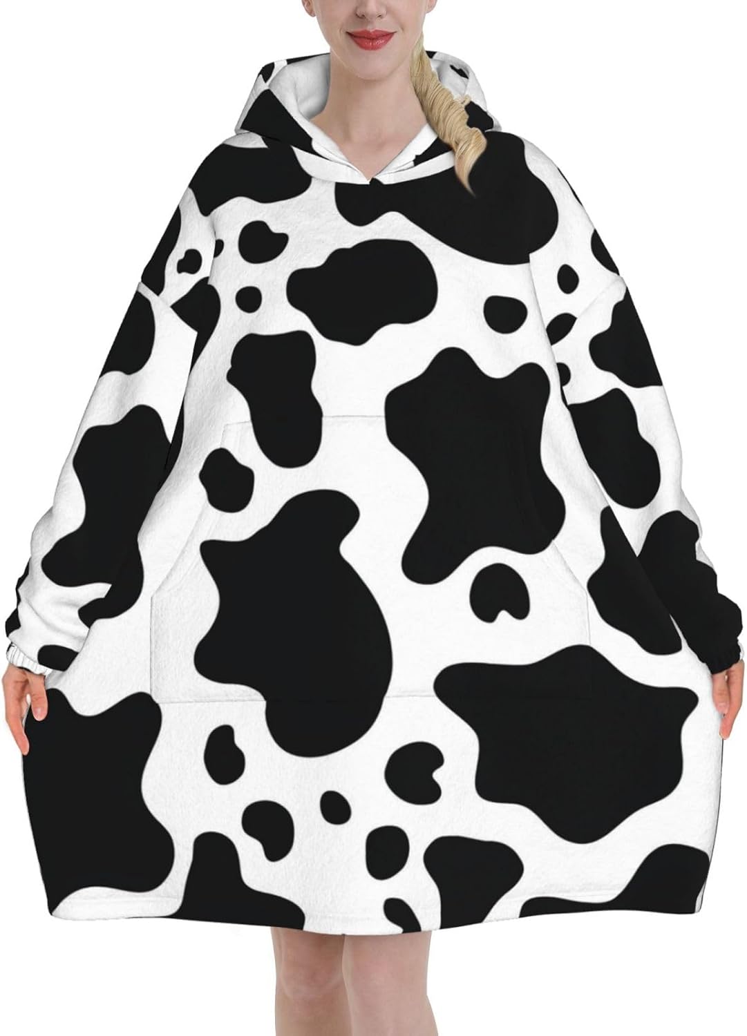 MUSM Black And White Cow Print Blanket Hoodie Fleece Sweatshirt Blanket With Sleeves And Pockets