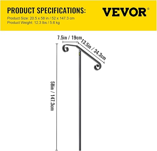 Miniatura 7 de VEVOR Pasamanos de un solo poste de hierro forjado, soportes de agarre en el suelo, poste largo para riel de agarre de 1 o 2 escalones, barandilla