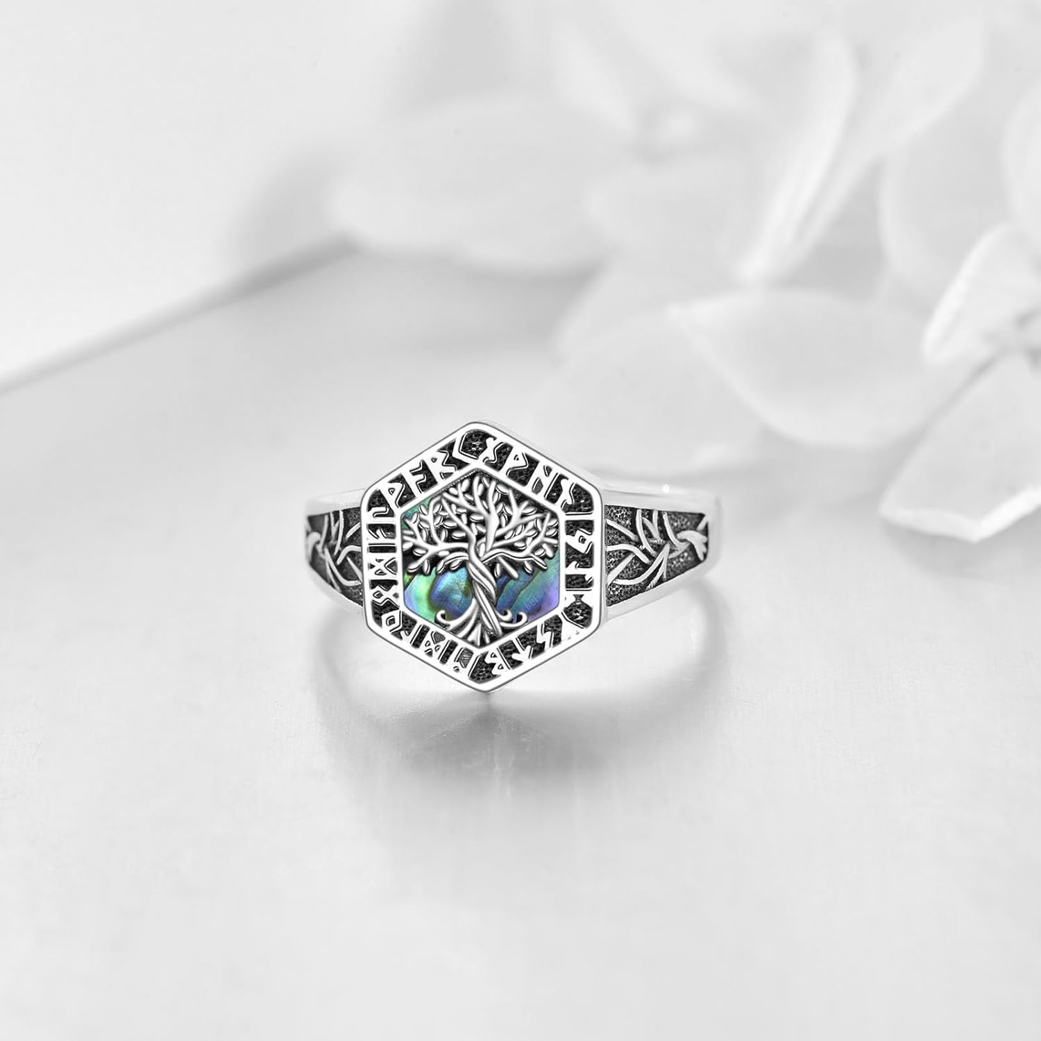 URONE Tree of Life Ring Sterling Silver Viking Tree of Life Abalone Shell Rings Vintage Viking Jewelry Gifts for Women Men-US Size #7 - Image 3