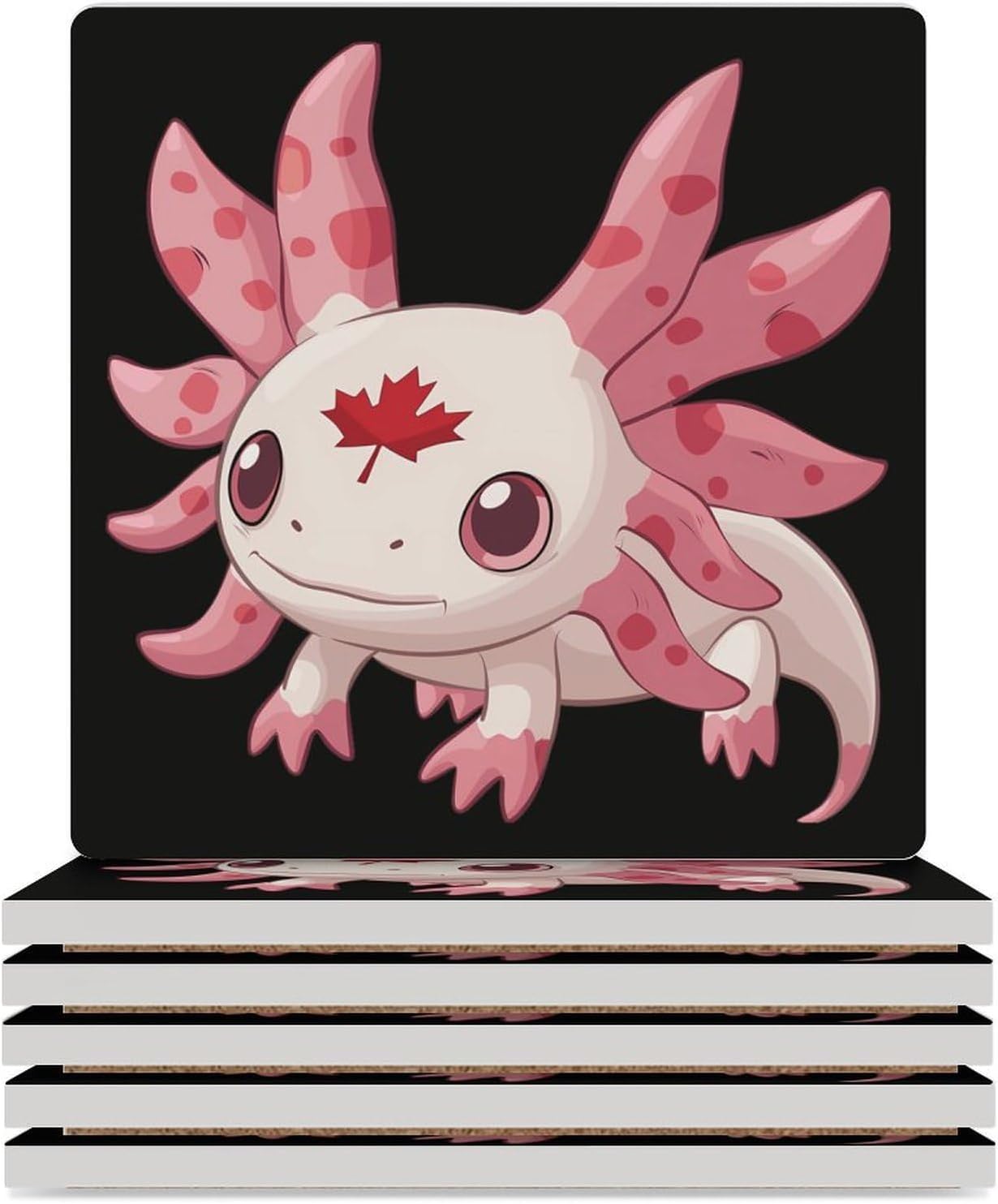 Canadian Axolotl Lover Flag Coaster for Drinks Square Ceramic Table Coasters Stone Mat Crafts 6PCS Home Kitchen Decor