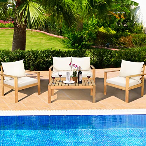 Tangkula Outdoor 4-Piece Acacia Wood Chat Set, 4 Seater Acacia Wood Conversation Sofa And Table Set With Water Resistant Cushions, Teak Finished thumb #2