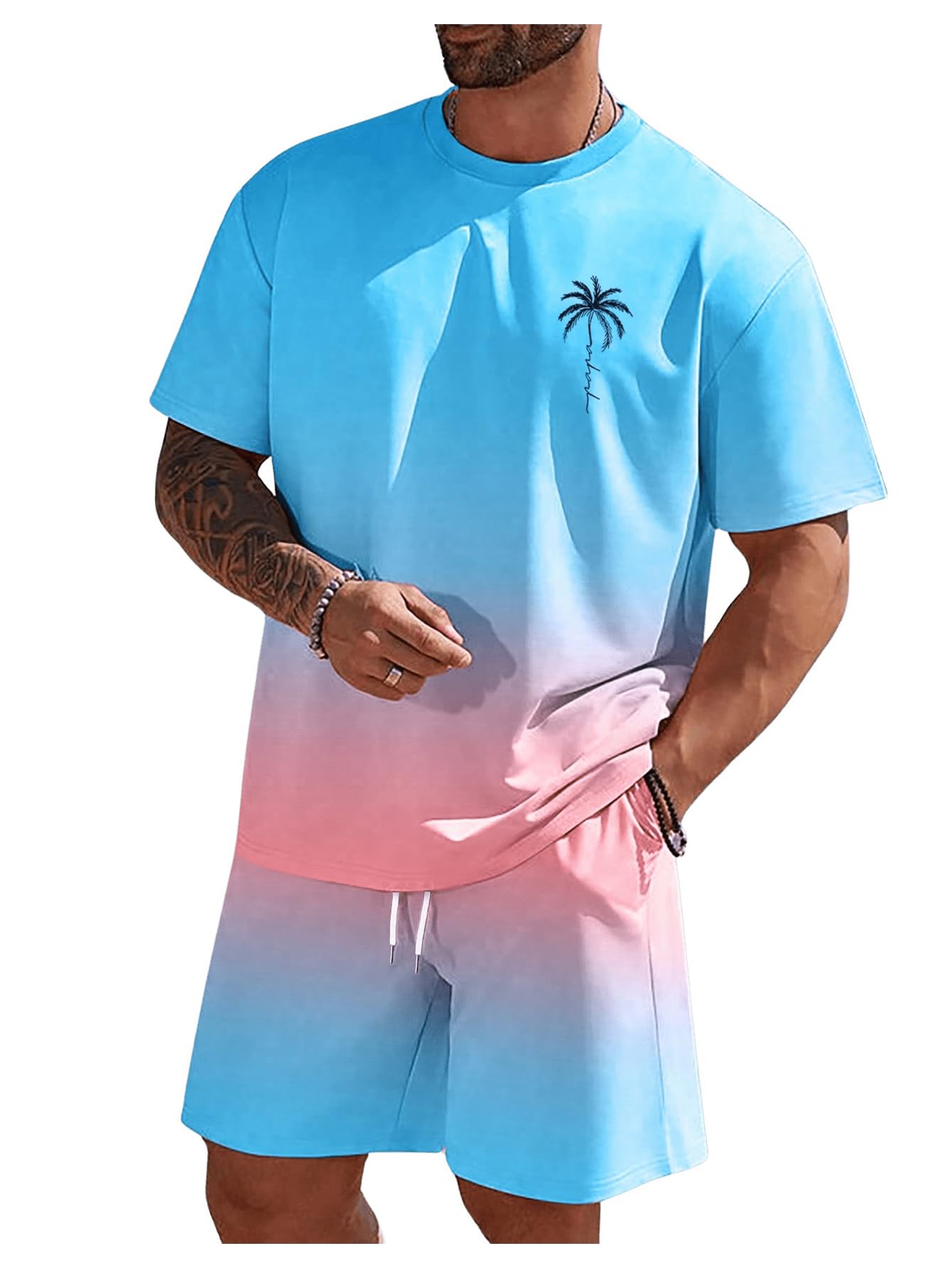 Mens Short Sets 2 Piece Outfits Tropical Graphic Tees and Shorts Sets Beach Vacation Outfits
