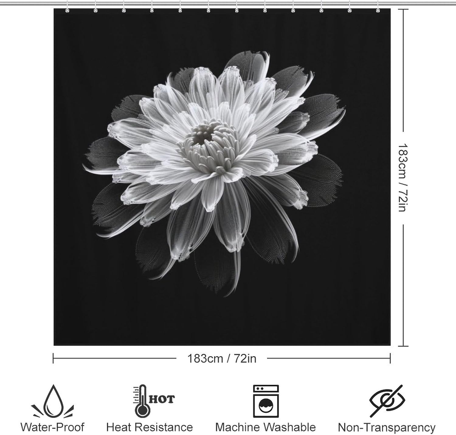 Abstract Flower Shower Curtain for Bathroom, Black and White Floral Boho Shower Curtain Set, Minimalism Transparent Fabric Modern Waterproof Bathroom Decor with 12 Hooks 72x72in YLATY2538