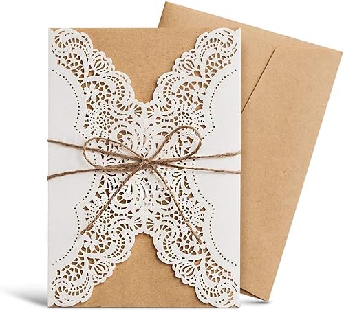 Hosmsua 50 invitaciones de boda florales rústicas blancas personalizadas con lazo de cuerda de cáñamo