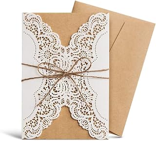 Hosmsua 50PCS Personalized White Rustic Floral Wedding Invitations with Hemp Rope Bowknot