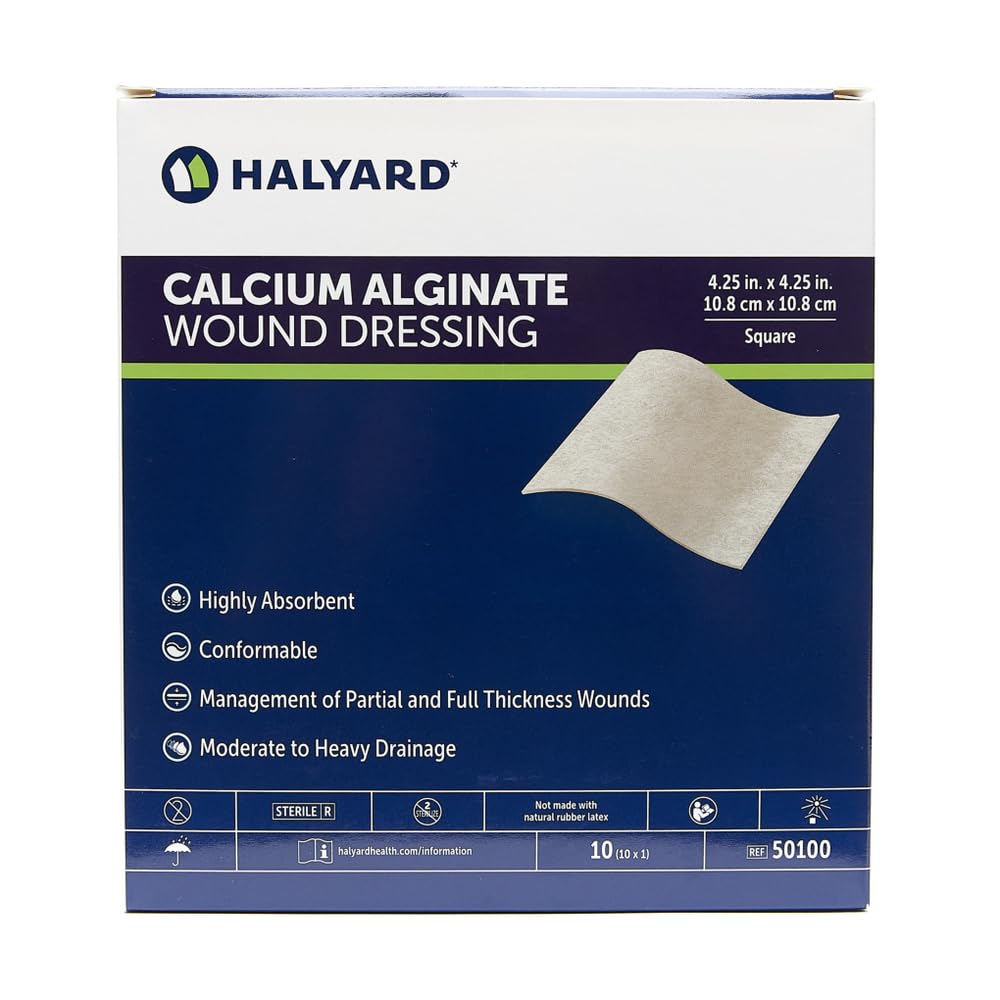 HALYARD Calcium Alginate Wound Dressing, Gentle Adhesive with Highly Absorbent Conformable Design, Maintains Structural Integrity 4.25 Inch x 4.25