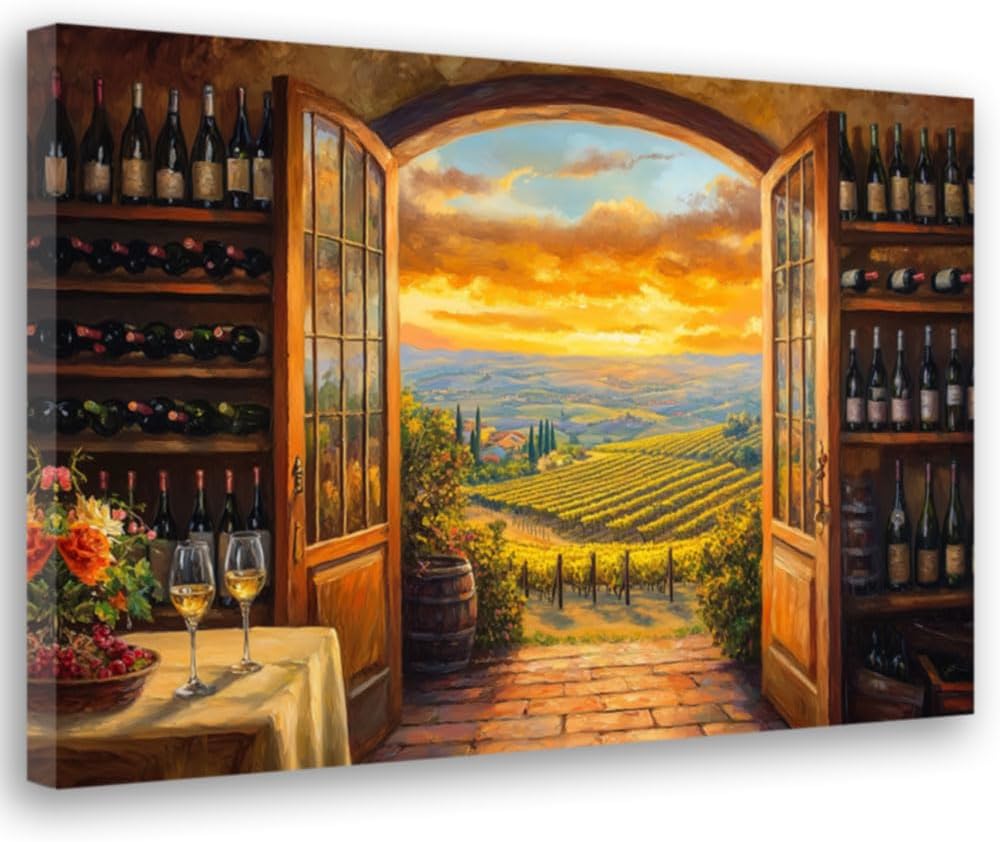 CGXLB Winery Wall Art Wine Cellar & Sunset Paintings, Rustic Winery Decor Farmhouse Picture for Dining Room, Wine Bar, Kitchen, Italian Countryside Art 12"x18"