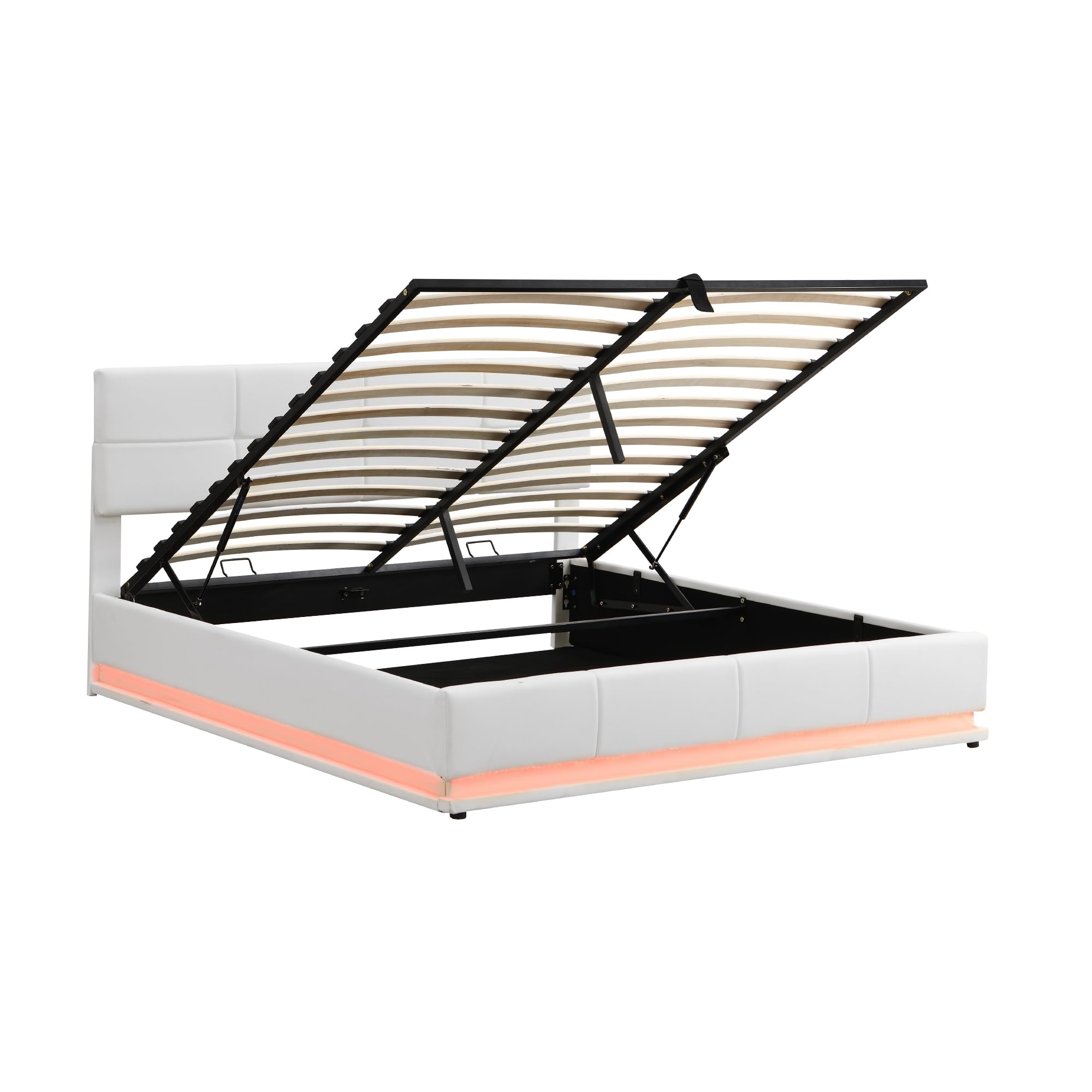 Merax Cama acolchada hidráulica de 180 x 200 cm, con espacio de almacenamiento, cama con iluminación LED, para jóvenes, adultos, piel sintética, color blanco (sin colchón)