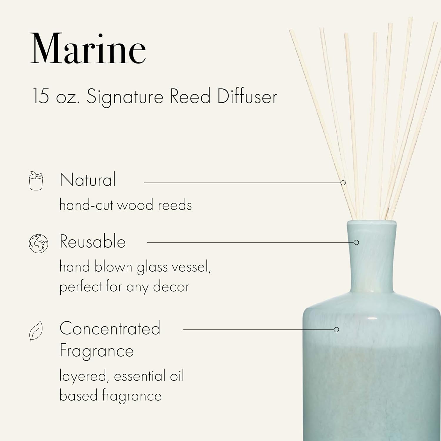 LAFCO New York Signature Reed Diffuser, Marine - 15 oz - Up to 9 Months Fragrance Life - Reusable, Hand Blown Glass Vessel - Natural Wood Reeds - Made in The USA - Image 2