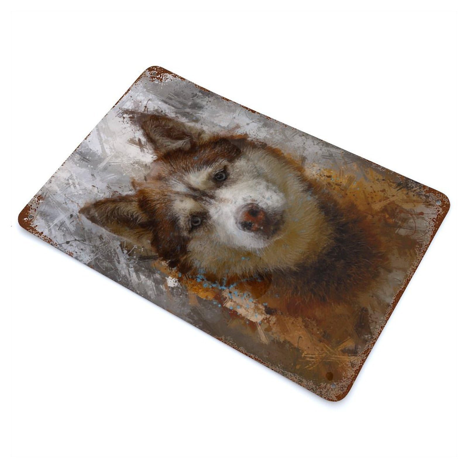 Weathered Tin Sign with Siberian Husky Painting Design 11.8"x7.9", for Basement, Hobby Room And Garage Decor, Industrial Home Decor