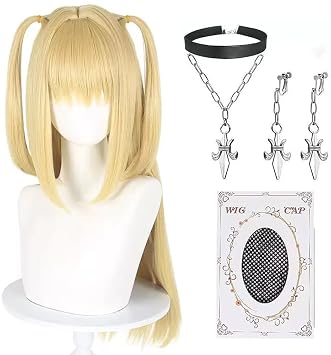Misa Amane Cosplay Wig+Necklaces+Earrings Blonde Anime Wig Long Straight Wig with Cap for Halloween