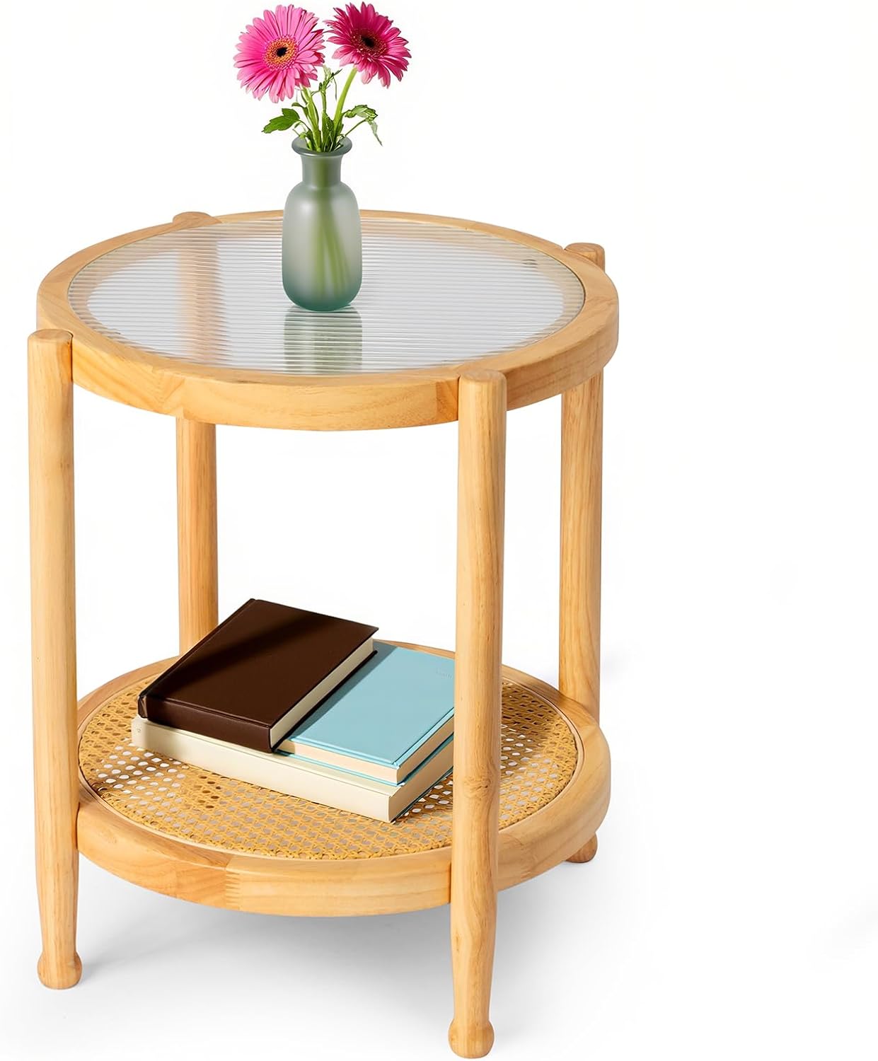 Outvita Outdoor Side Table, Rattan Rubber Wood Coffee Table with Weather - Resistant Coating, Double - Layer Storage, 19.7"x19.7"x 23.2", Easy Assembly for Patio, Garden, Living Room, Bedroom