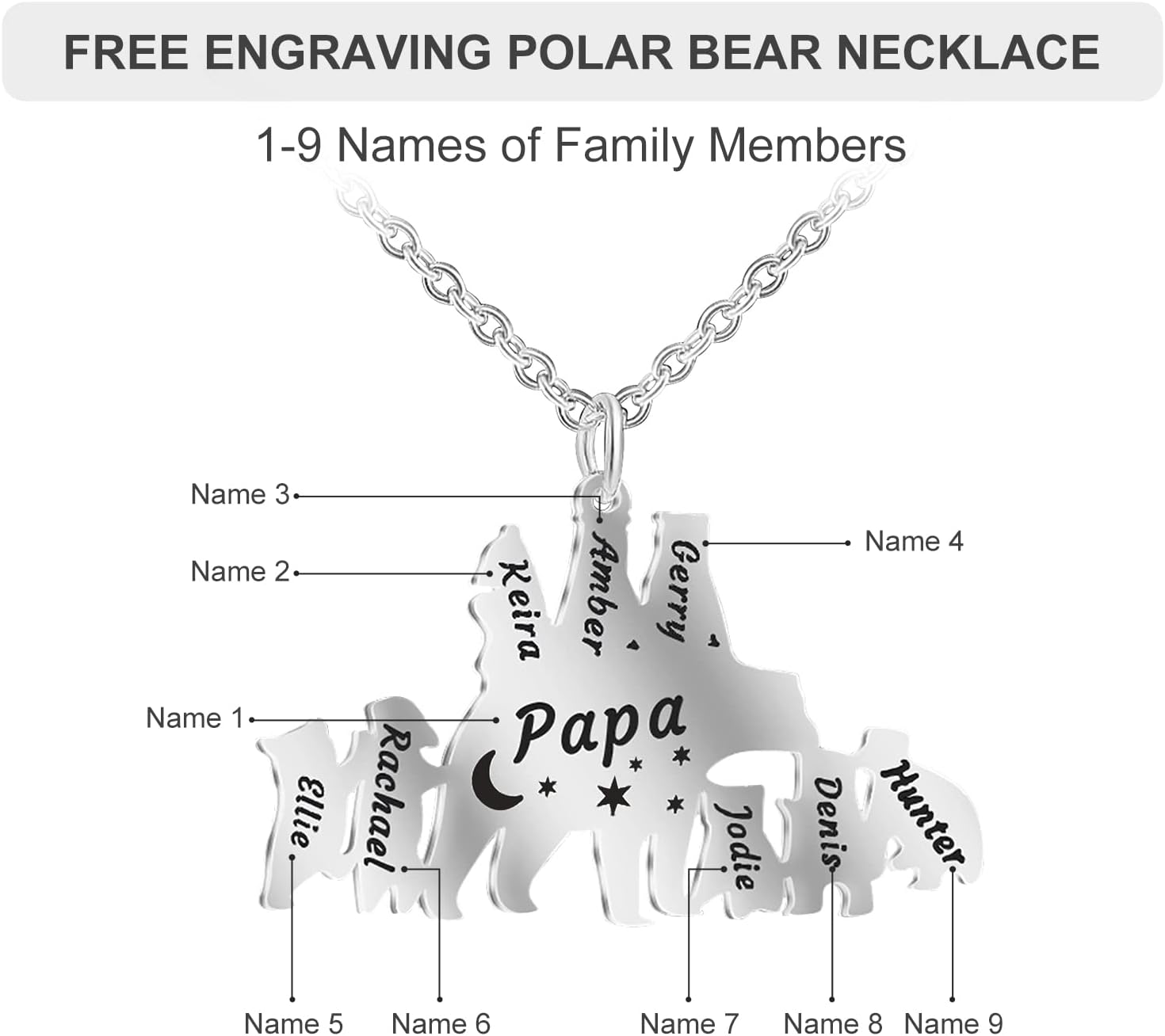 Engraved Papa/Mama Bear Necklace with 1-9 Names Personalized Family Necklace for Men Women Custom Necklace for Dad with Kids Names for FatherS Day Mothers Day