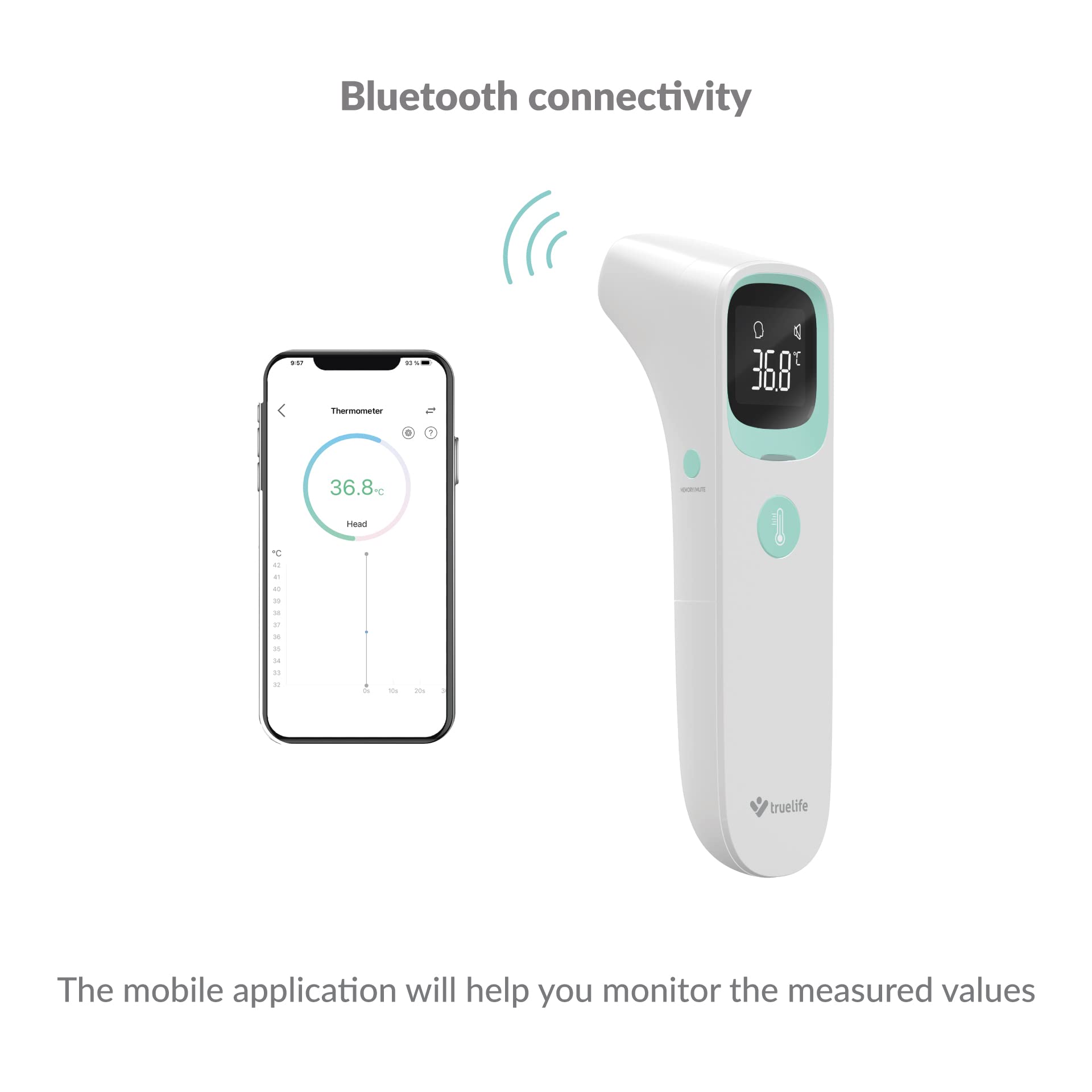 TrueLife Cuidado Q10 BT termómetro de frente y oído con Bluetooth y aplicación termómetro infrarrojo sin contacto para niños y adultos | CE, RoHS, ISO, SUKL aprobado