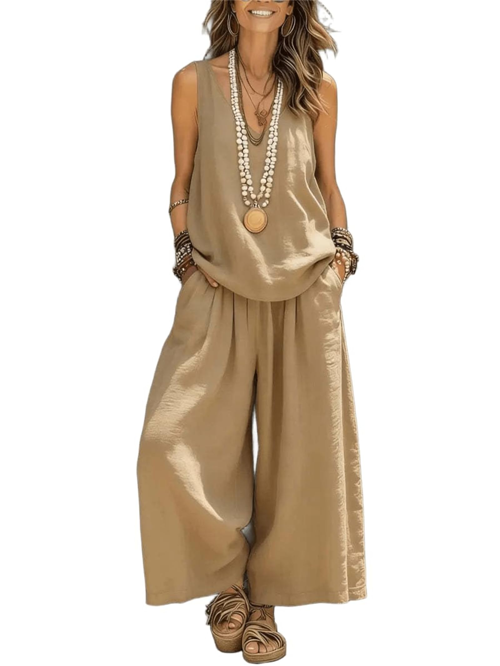 Conjunto de lino para mujer con cuello en V y pantalón fluido 7