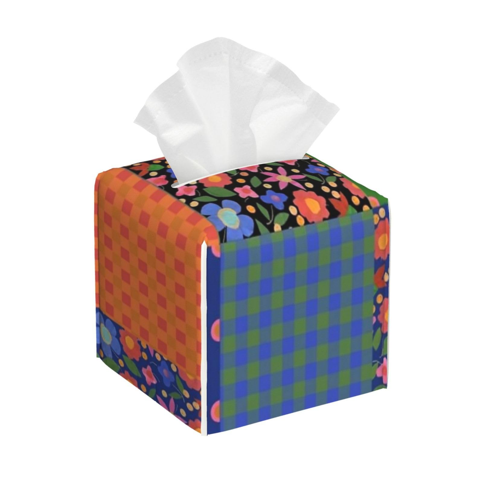 Polka Dots Floral Faux Patchwork Tissue Box Cover 5" Square Leather Tissue Holder Facial Tissue Case for Tabletop Bedroom Bathroom Desk Decor