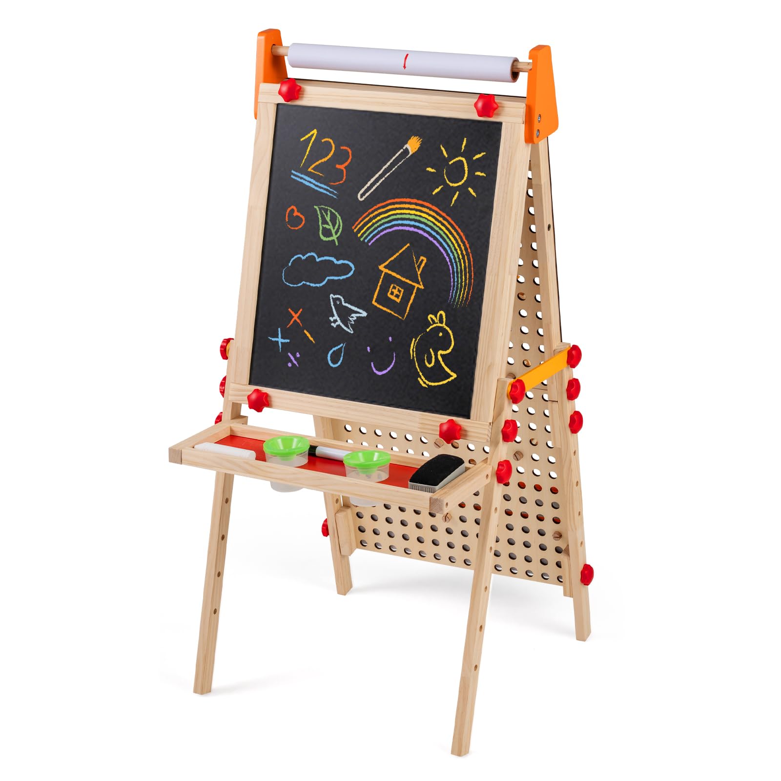 COSTWAY Tafel Kinder, Holz Spieltafel doppelseitig mit Magnet-Whiteboard, Papierrolle, Ablagefach & Murmelbahn, klappbare und höhenverstellbare Standtafel mit Zubehör für Kinder ab 3 Jahren