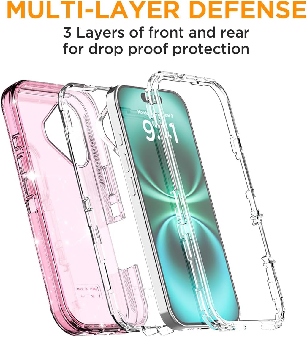 AICase for iPhone 16 Case Clear Glitter Bling 3 in 1 Heavy Duty Drop Protection Full Body Rugged Shockproof/Dust Proof 3-Layer Military Protective Tough Durable Cover for iPhone 16 6.1"_4 - Image 2