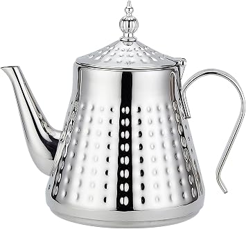 SANQIAHOME 40 oz Stainless Steel Hammer Pattern Teapot with Strainer Insert with Infuser Handle Loose Leaf Cover Silver