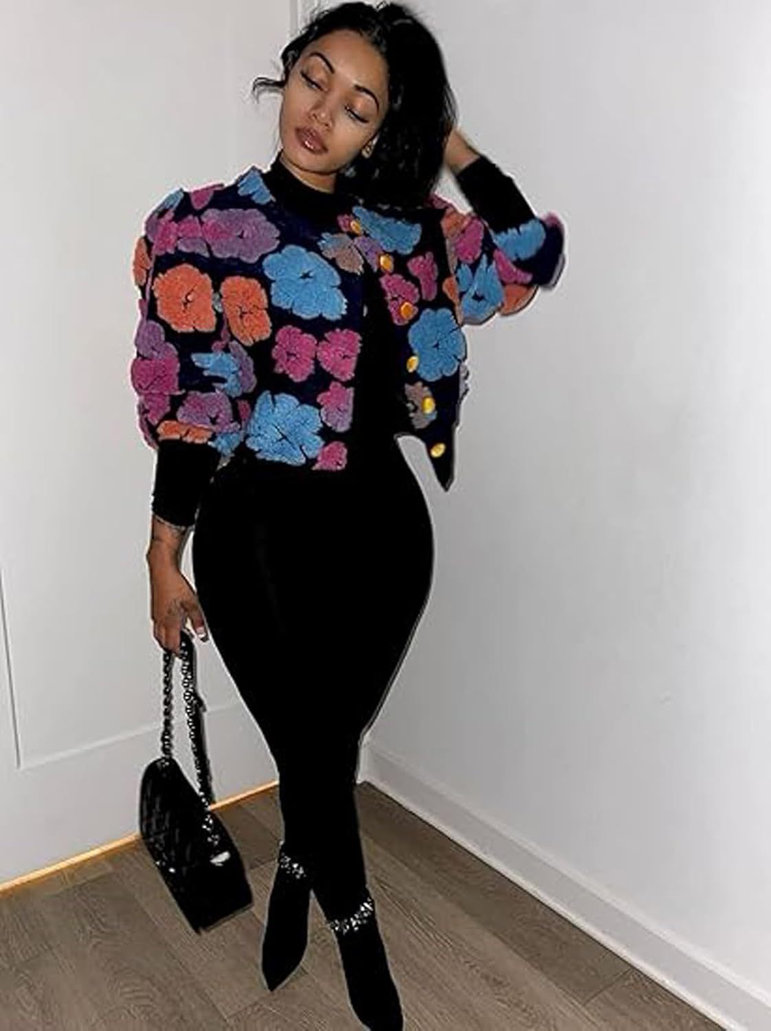 Women's Casual Jackets Cropped Long Sleeve Floral Print Shacket Bomber Coat - Image 6