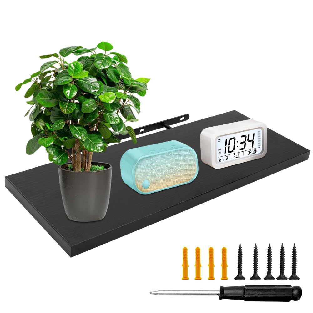 MIUUIPI Wandregal, 1er-Set Schweberegal, 40cm Regal Wand, Wandboard, Wandregalen Holz Hängeregale zur Wandaufbewahrung, Bücherregal Wand Gewürzregal, Wanddeko Wohnzimmer, Küche, Büro, Schwarz