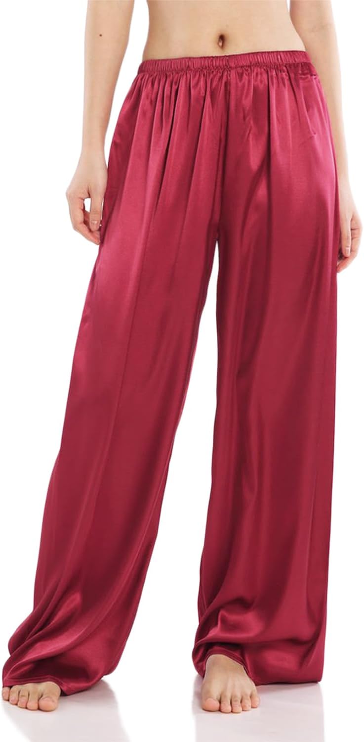 Wantschun Womens Wide Leg Pajama Pants Satin Silk Casual Loose Elastic Waist Lounge Pants Pj Bottoms