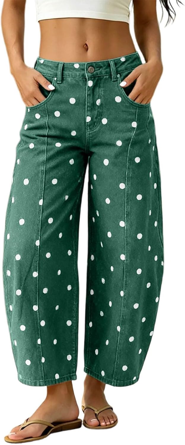 Polka Dot Jeans Women Wide Leg Baggy Low Rise Bell Bottoms Denim Pants 2026