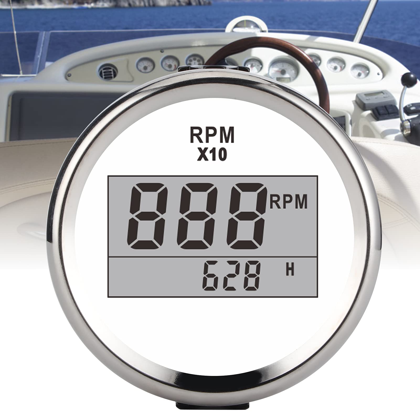 Tacómetro, 2.047 in, 2 pulgadas, 9990 RPM, tacómetro automotriz con luz de fondo roja, calibración de relación versátil para camión, tractor, coche, RV, barco (Cubierta plateada con esfera