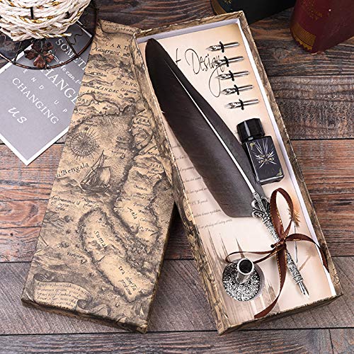 Calligraphy Pen Set Writting Quill Feather Pen 100% Hand Craft Real Feather and Stainless Steel Nib Best Antique Executive，Contains Ink no Need to Purchase Additional Ink (Black)