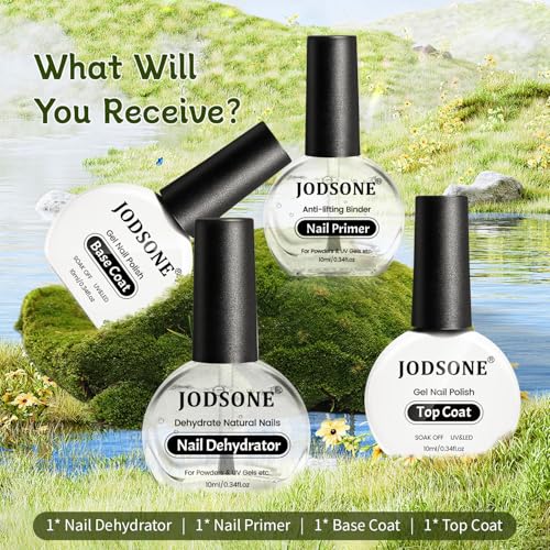 JODSONE 4 Flasche 10ML Nagel Dehydrator Nagel Primer, Base Coat Top Coat Gel UV LED Nagellack Set, No Wipe Unterlack & Überlack, DIY Nail Art Design Langanhaltendes Geschenk für Mädchen