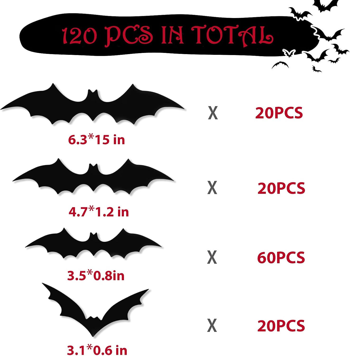 Halloween Decorations Bat Wall Decals Stickers Decor 120pcs, Extra Large 3D Bats Window Decals, Bat Halloween Door Decor (Black)