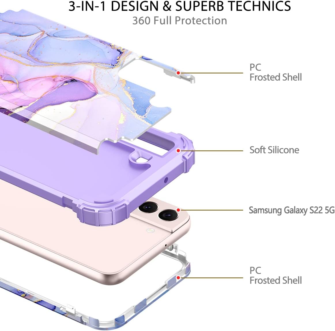 Hekodonk for Galaxy S22 5G Case, Heavy Duty Shockproof Protection Hard Plastic+Silicone Rubber Hybrid Protective Case for Samsung Galaxy S22 5G Marble Purple Blue