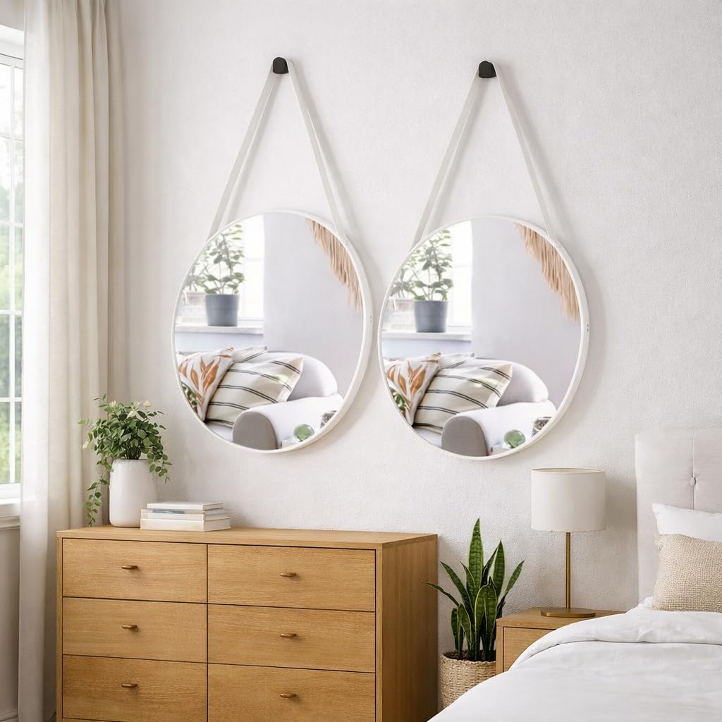 Kit com 2 Espelhos Decorativos Adnet 40cm com Alça em Couro (Kit 2 Branco)