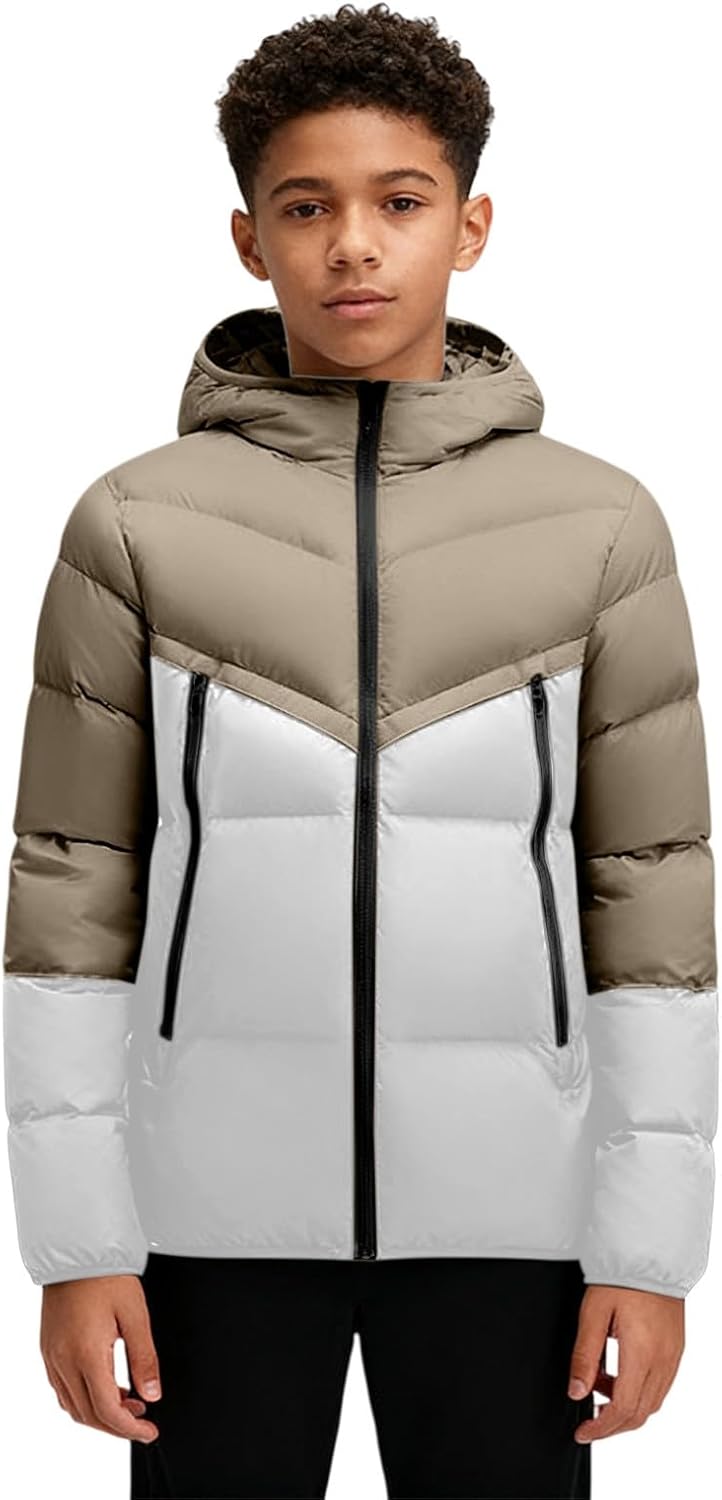 Kids Puffer Jacket Boys Winter Waterproof Quilted Thermal Thick Padded Down Coat Casual Cozy Light Color Block Outerwear