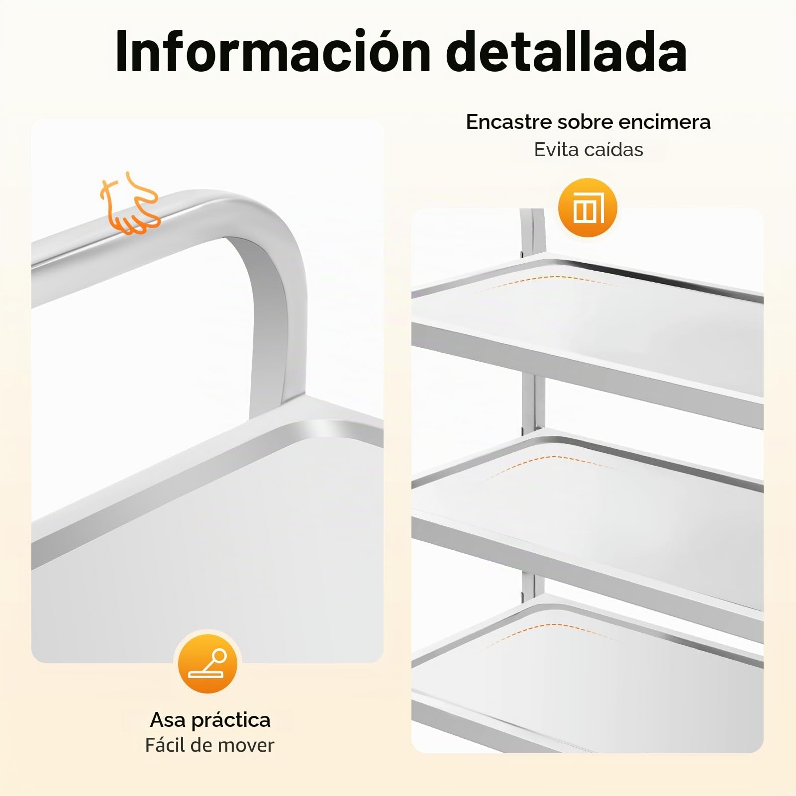 Carro de cocina de acero inoxidable de 3 niveles con asa, carrito de servicio con ruedas con freno, estante de cocina máx. 60 kg, carrito multifuncional para comedor, salón, hotel