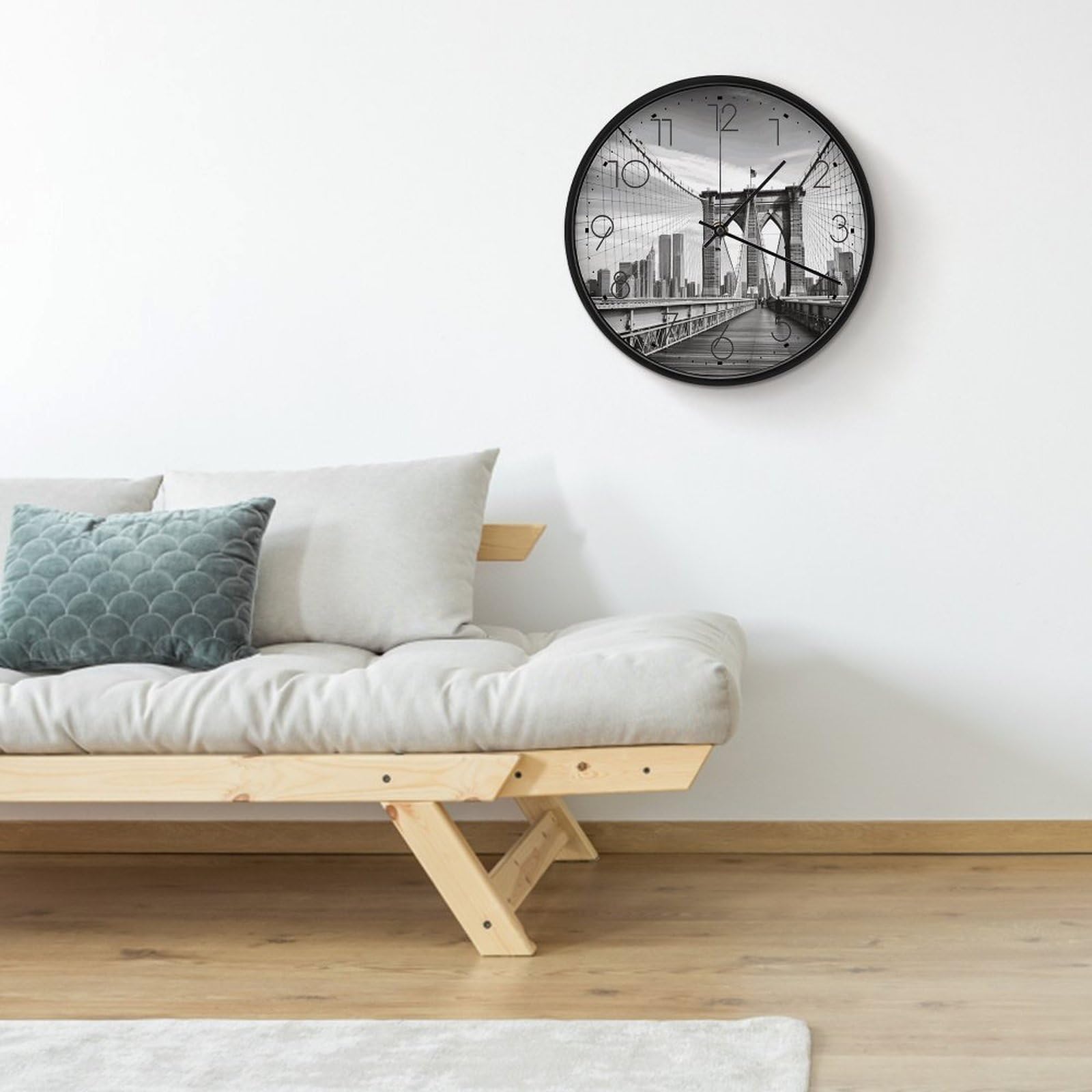 Orologio da parete con ponte di Brooklyn, silenzioso, senza ticchettio, moderno, a batteria, rotondo, analogico, classico, per camera da letto, cucina, ufficio