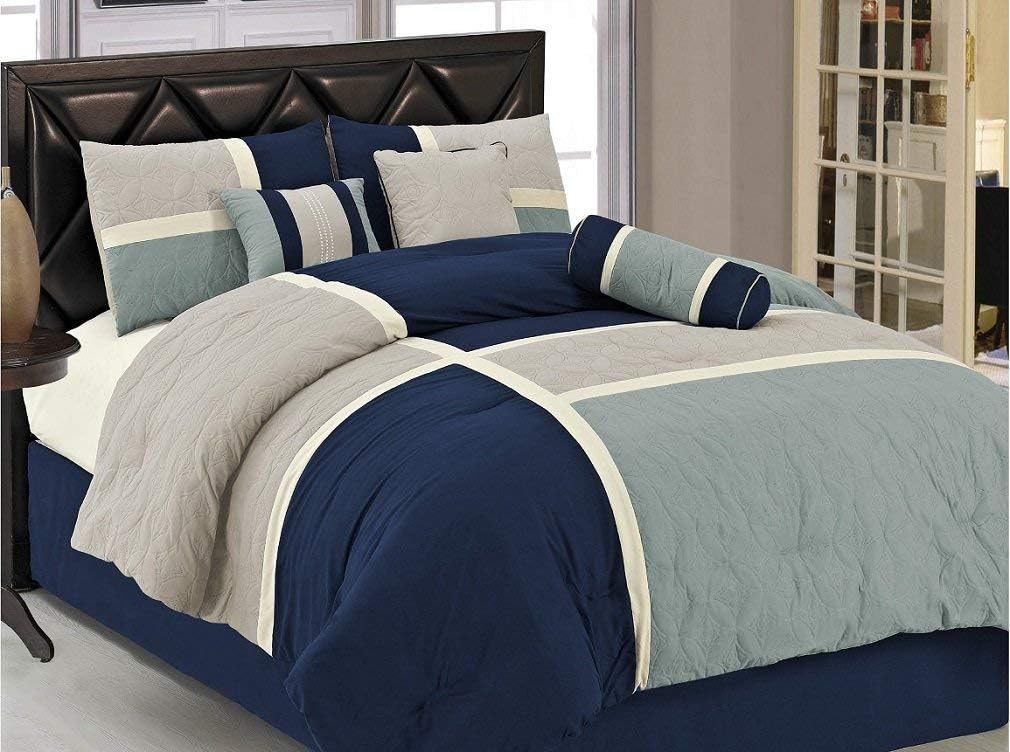 Chezmoi Collection 7-Piece Quilted Patchwork Duvet Cover Set, Queen, Blue/Gray