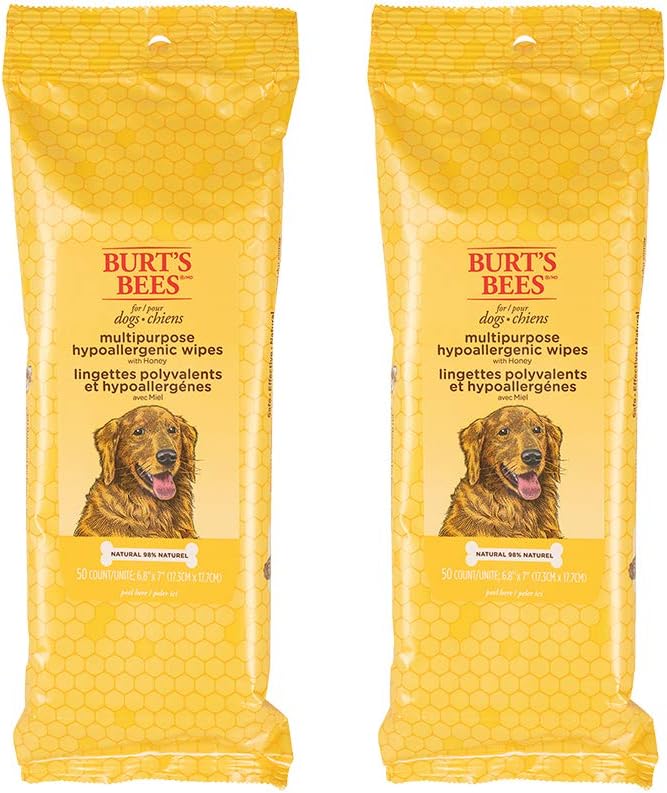 Burts Bees for Pets Toallitas multiusos para el cuidado de perros con miel, 50 unidades, paquete de 2 | Fórmula de miel, limpieza de manchas hipoalergénica, pH equilibrado, cara y trasero de las patas.