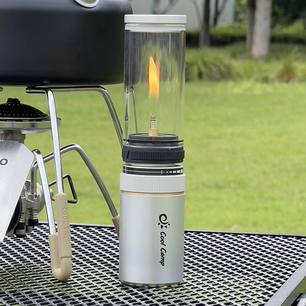 Camping Gaslaterne aus Aluminiumlegierung mit Kerzenlicht-Effekt, verstellbarem Lichtrahmen und Schraubkartuschenanschluss für Outdoor, Wandern und Zelten, inkl. Nachfüllkanister 10g